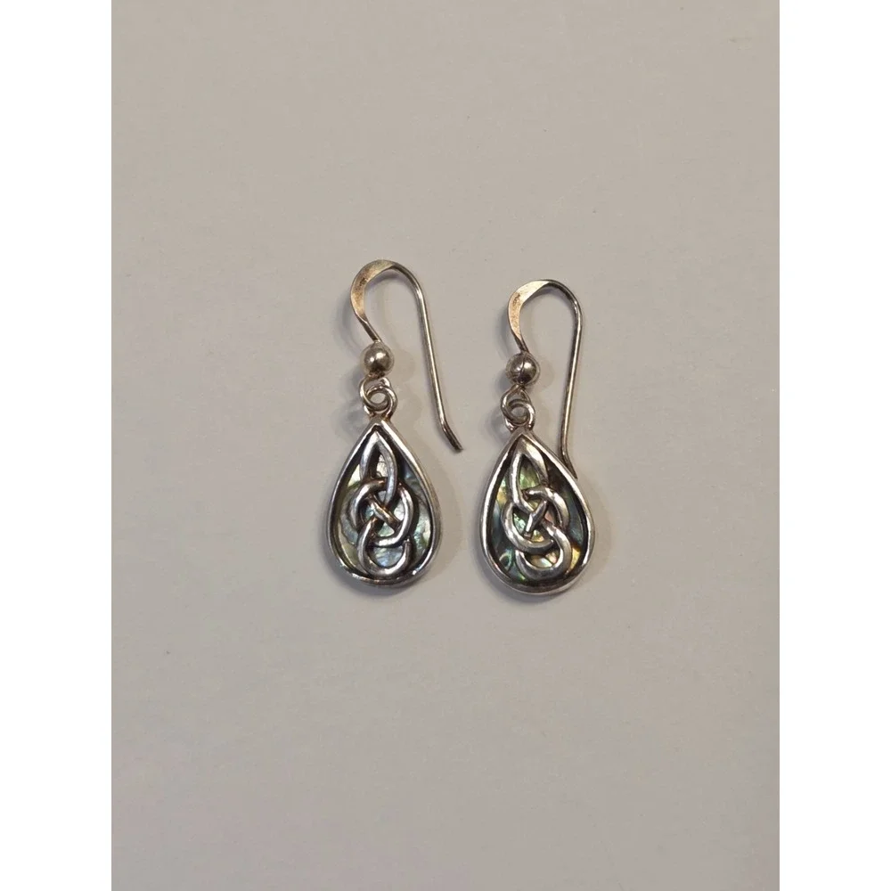 Vintage Sterling Silver Celtic Knot Abalone Shell Dangle Earrings